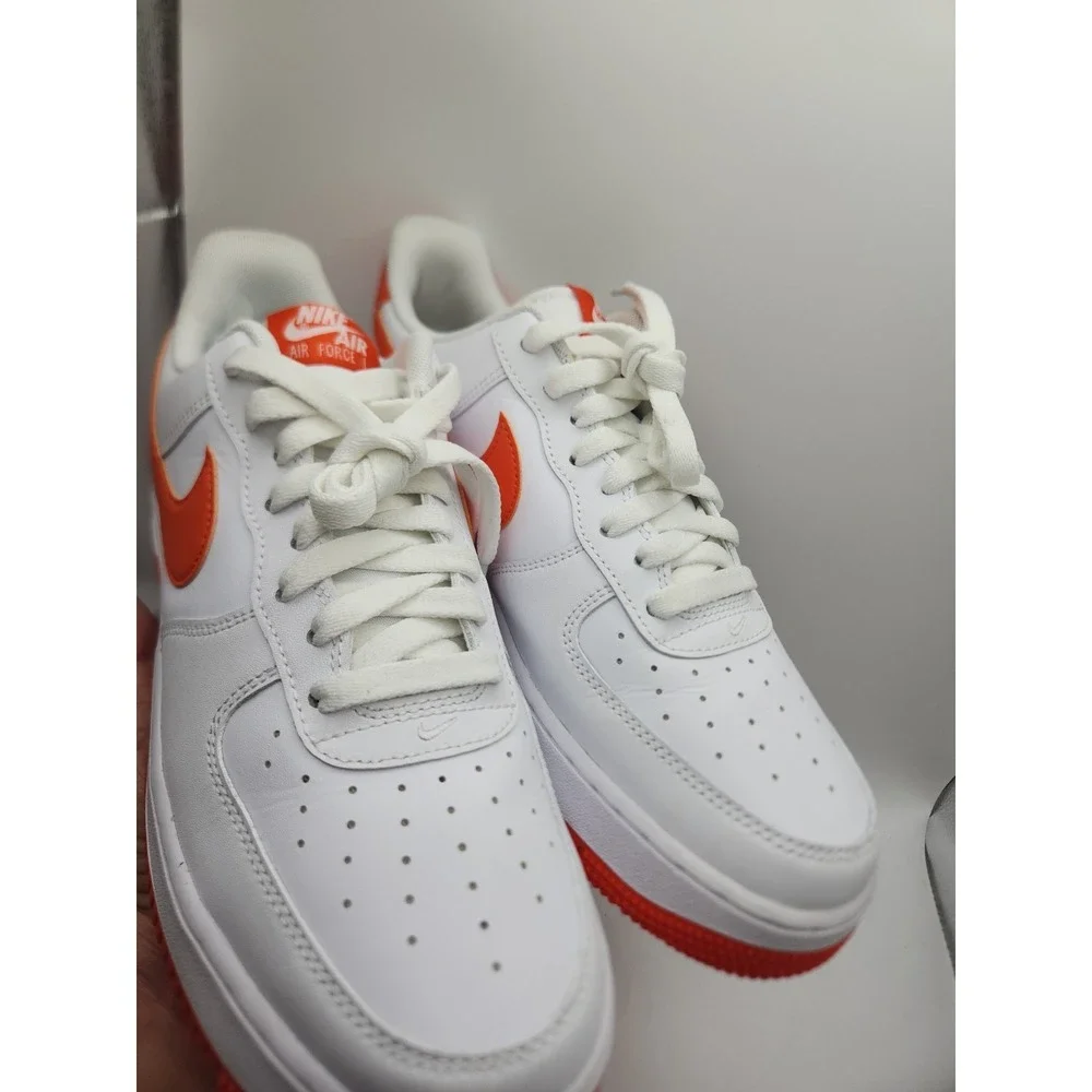 Nike Air Force 1 Low Top Men's Sneaker White/Orange Leather Lace-Up Rubber 9 1/2